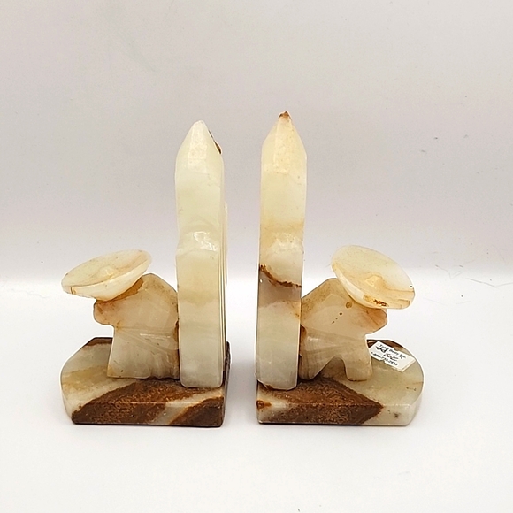 Vintage Hand Carved Alabaster Onyx Cactus & Men in Sombreros Bookends - Picture 1 of 10